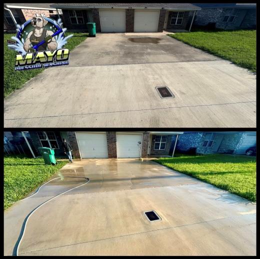 Driveway and garage apron, before and after pressure washing
