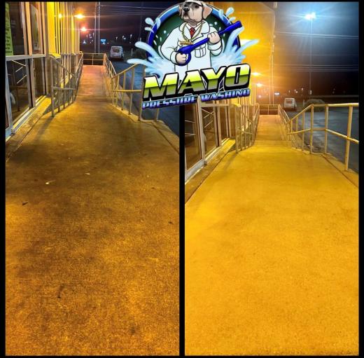 Painted ramp at a business, at night, before and after