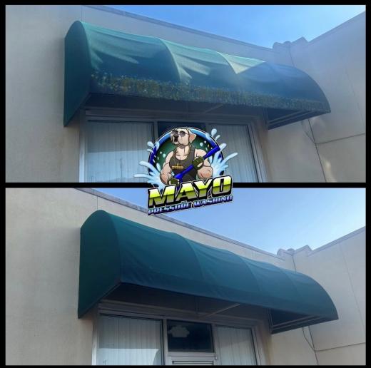 Green storefront awning, before and after