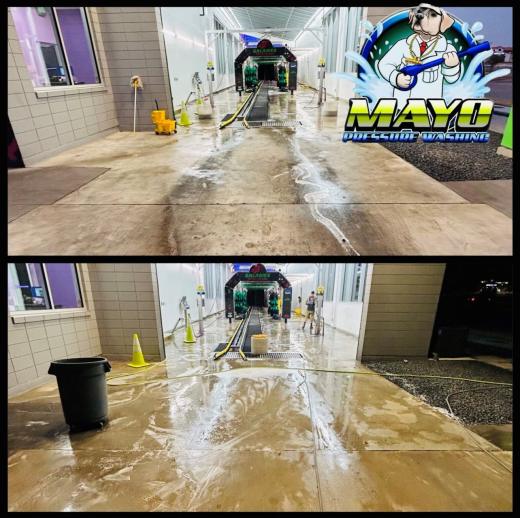 Car wash bay floor, during and after cleaning