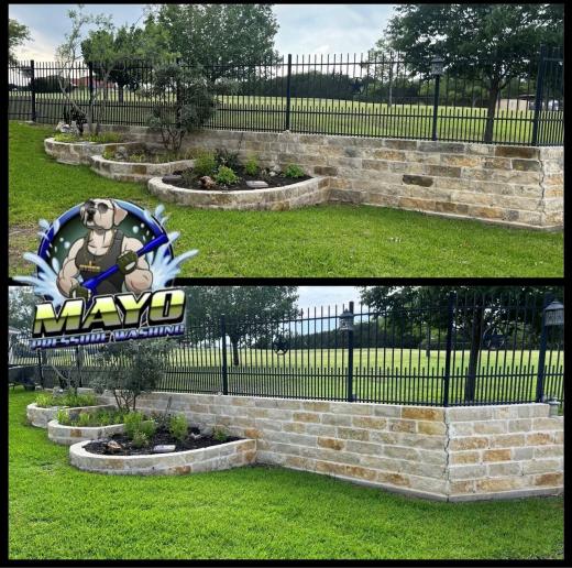 Stone retaining wall and planters, before and after