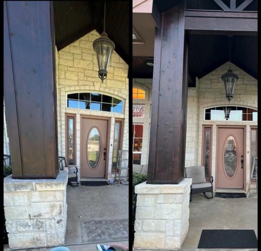 Stone porch columns at a front door, before and after