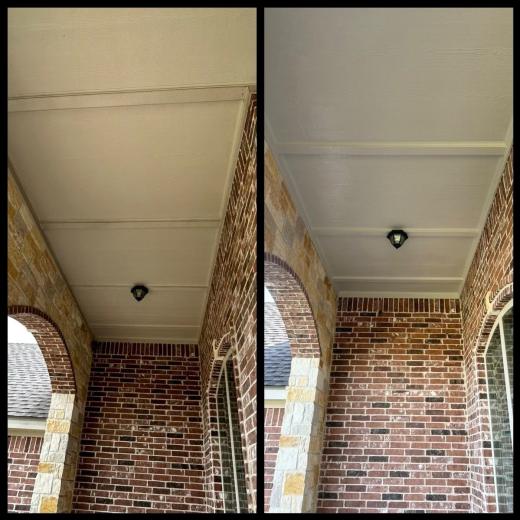 Porch ceiling over an arched brick entry, before and after