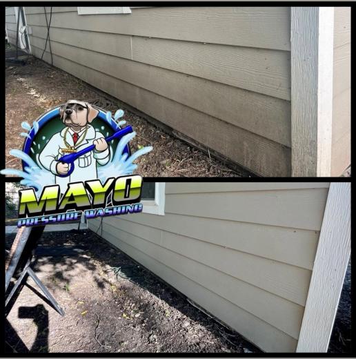 Siding along the side of a house, before and after