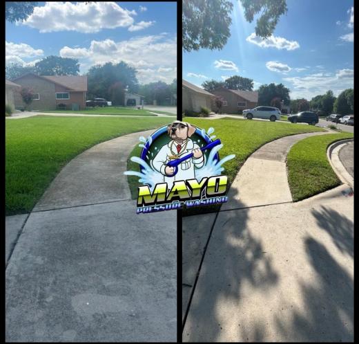 Sidewalk along a lawn, before and after